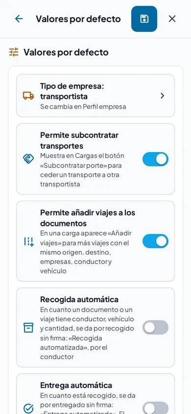 Valores por defecto de la empresa: subcontratar transportes, añadir viajes y recogida y entrega automáticas