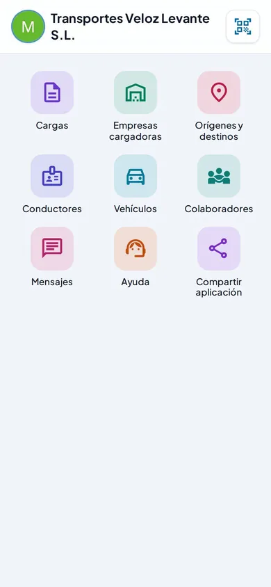 Tablero de aplicaciones de una empresa de transporte: cargas, empresas, conductores, vehículos y colaboradores