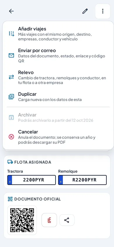 Menú de acciones de un DeCA: añadir viajes, enviar por correo, relevo, duplicar, archivar y cancelar