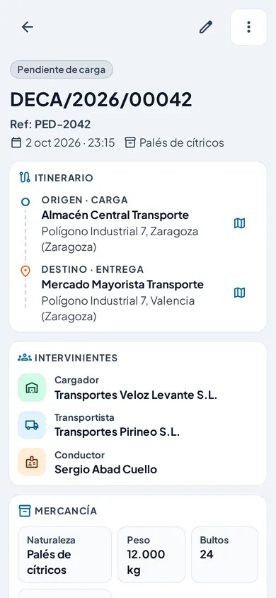 Ficha de un DeCA pendiente de carga, con itinerario, cargador, transportista, conductor y mercancía