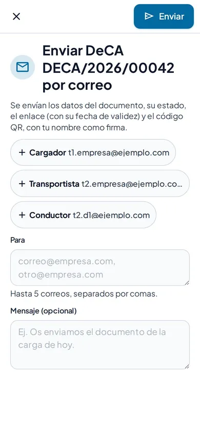 Diálogo para enviar un DeCA por correo al cargador, al transportista o al conductor