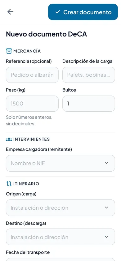 Formulario de nuevo documento DeCA: referencia, mercancía, cantidad, bultos, cargador y recorrido
