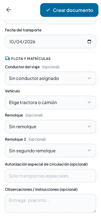 Parte inferior del formulario del DeCA: fecha del transporte, conductor, vehículo, remolques y observaciones