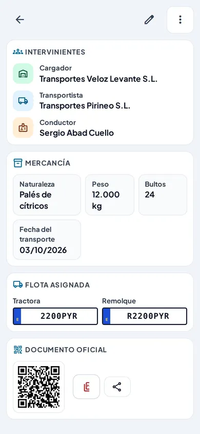 Documento oficial de un DeCA con su código QR y los botones para abrir el PDF y compartirlo