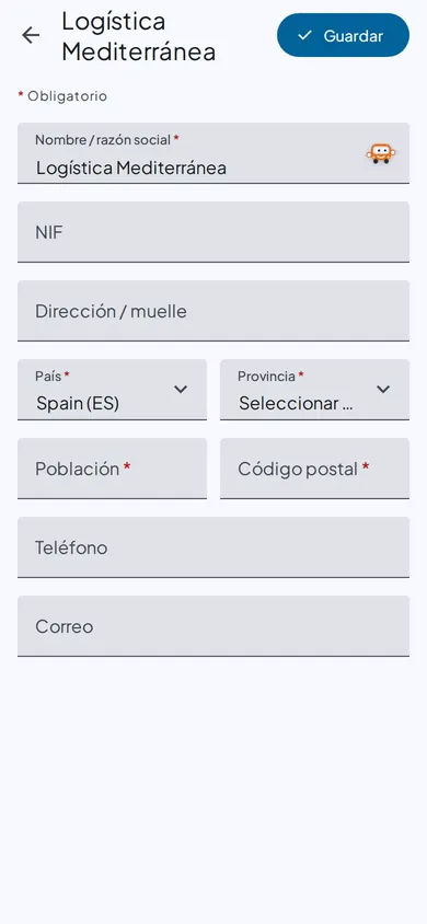 Alta de una empresa cargadora con la ayuda de Tino para completar sus datos