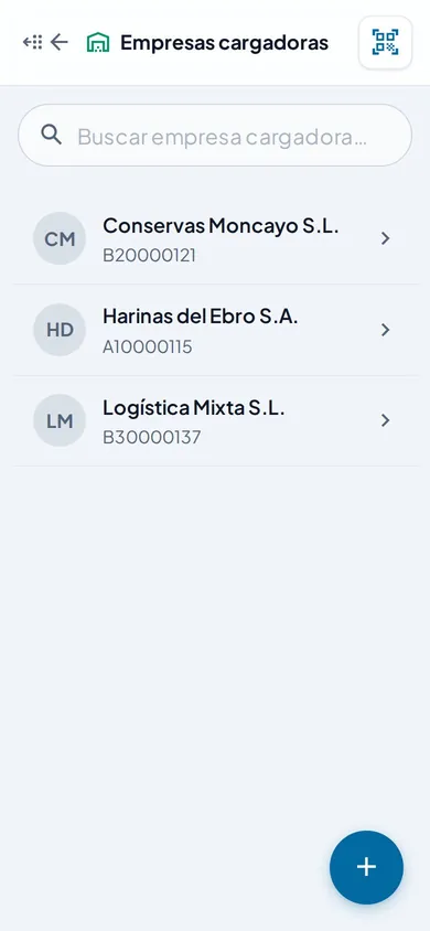Agenda de empresas cargadoras con su NIF y su dirección