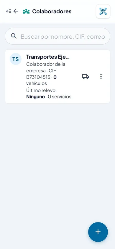Lista de colaboradores de una empresa de transporte, con el botón para añadir uno nuevo