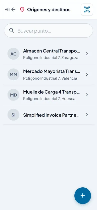 Lista de orígenes y destinos: almacenes y muelles de carga y descarga