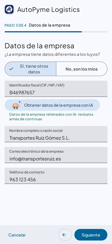 Registro de la empresa con el botón para obtener sus datos con IA a partir del CIF