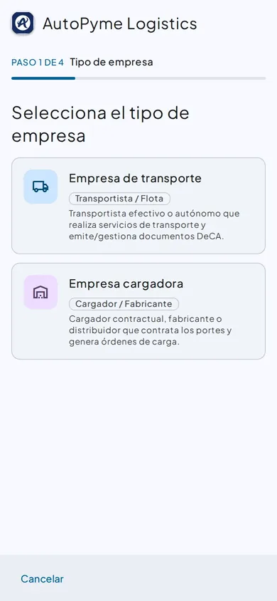 Primer paso del registro: elegir entre empresa de transporte y empresa cargadora